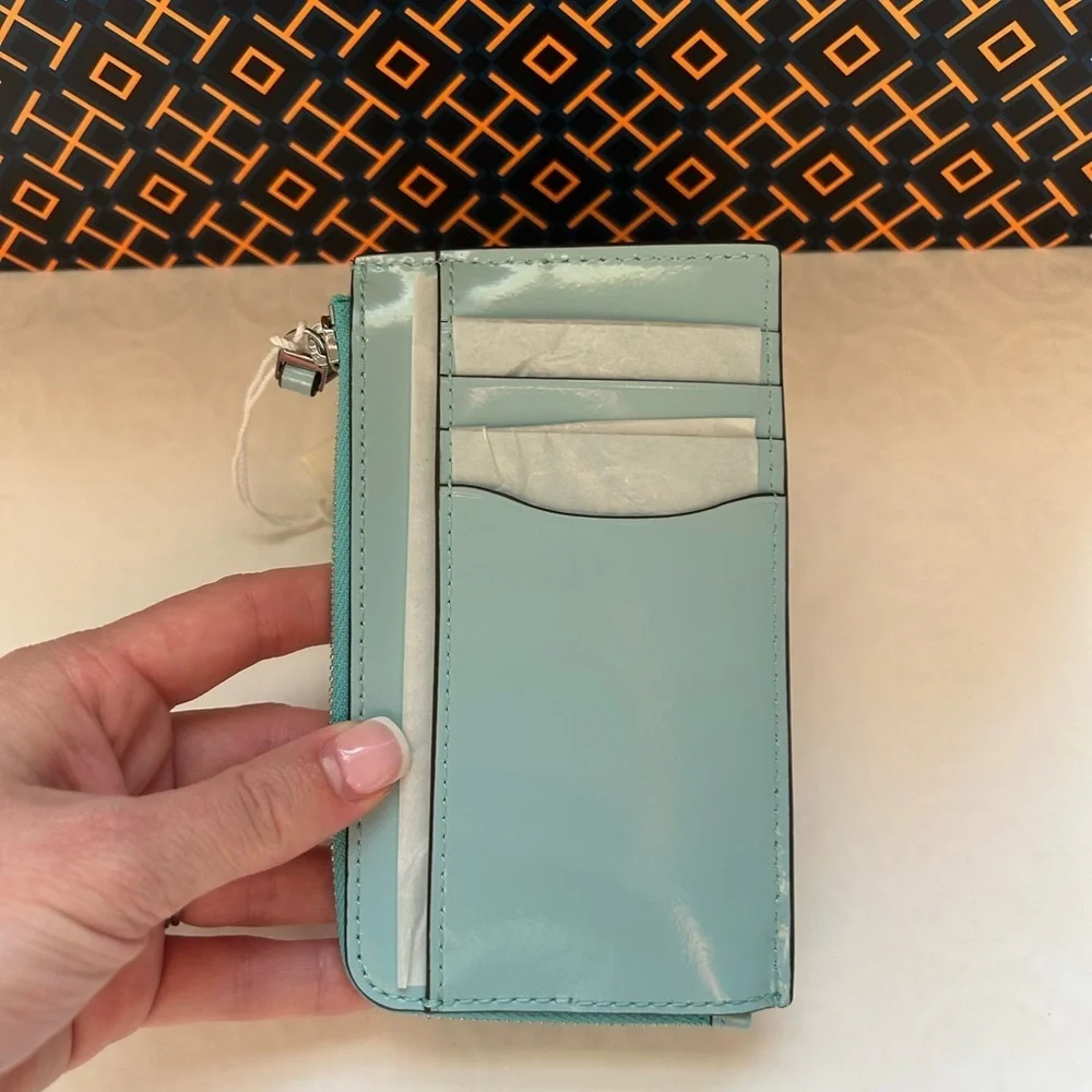 Tory Burch Blake Patent Zip Card Case Angel Blue Silver